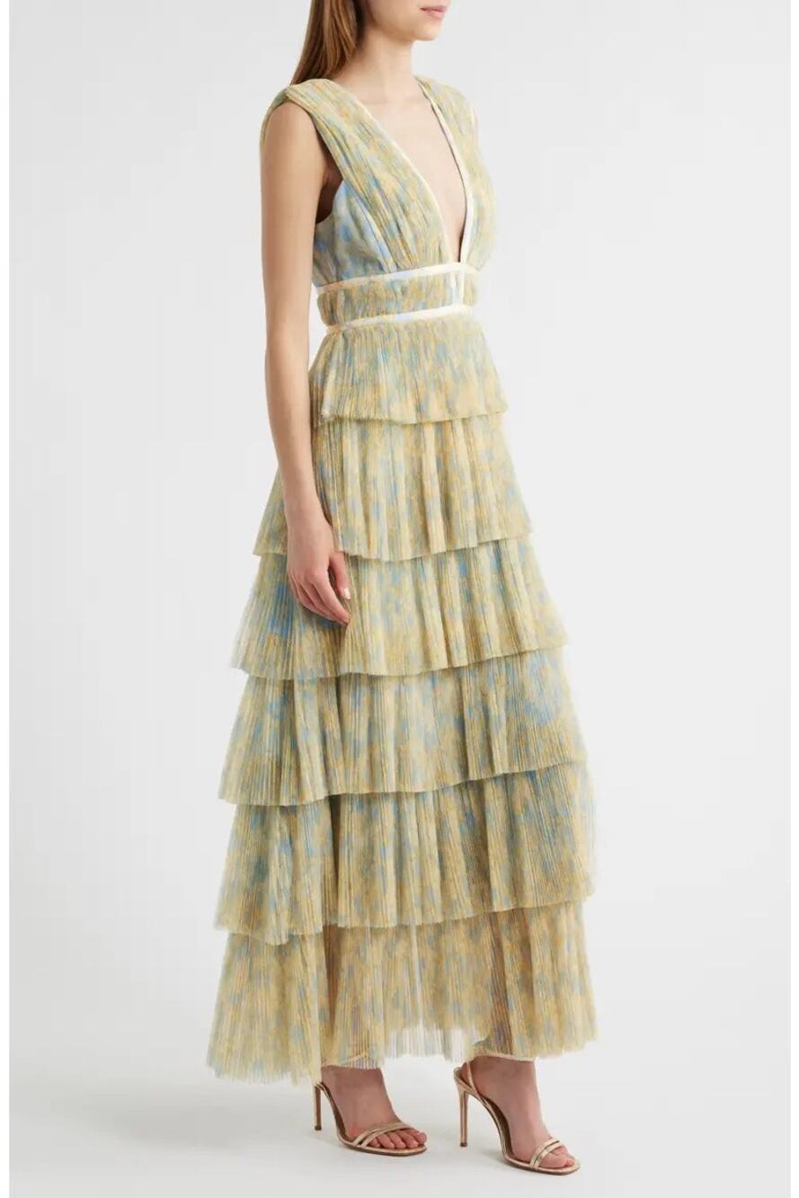 Hutch Antropologie Tiered Pleated Dress GreenMulti Sz 4 Sleeveless Maxi $288